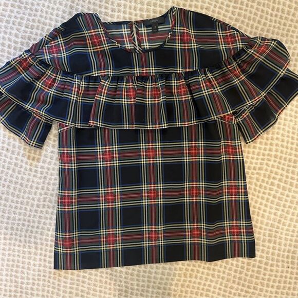J Crew Edie Stewart Tartan Plaid Ruffle Top Festive Blouse C28 - Picture 5 of 8